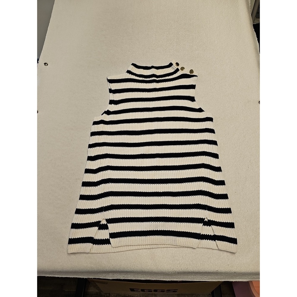 Ann Taylor Loft White Navy Striped Gold Button Mock Neck Sweater Knit Tunic SZ S